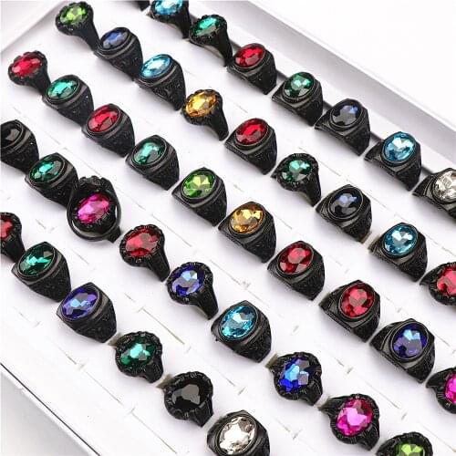 Wholesale Bulk Lot 20pcs Glass Gem Metal Black Not Fade Jewelry Rings For Men Women Mix Style