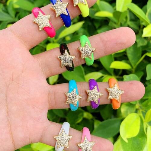 Wedding Party Jewelry Adjustable Brass CZ Star Carving Enamel Finger Ring Birthday Anniversary Gift