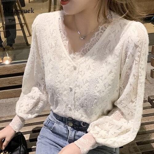 Plus Size 4XL New Lace Blouse Women Korean Hollow Out V Neck Long Sleeve Shirt Ladies Spring Crochet Lace Solid Tops Blusa 13356