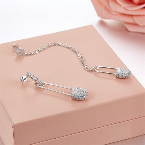 SLJELY S925 Sterling Silver Gold Pink Black Colors Asymmetric Safety Pin AB Earrings Micro Inlay Zircon CZ Women Luxury Jewelry