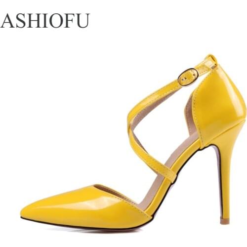 ASHIOFU Womens High Heel Pumps X-buckle Strap Wedding Party Dress Shoes D'orsay Fashion Large Size Fashion Evening Court Shoes