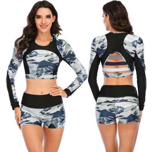 Women Two Piece Rash Guard Swimsuit Long Sleeve Crop Top Bathing Suit Beachwear Sunscreen Swimsuit