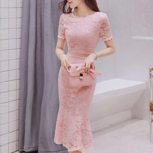 2020 Lace Pink Dress Women O-neck Elegant Evening Party Formal Mid-Calf Mermaid Empire Short Sleeve Womens Black Summer Dresses