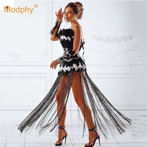 Fashion Off Shoulder Feather Fringe Dress Sexy Sleeveless High Waist Bodycon Mini Women New Party Evening Runway Dress Vestidos