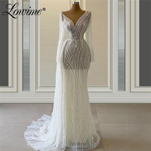 White Dubai Evening Dresses Arabic Long Sleeves 2020 Middle East Wedding Party Gowns Beads Mermaid Prom Dress Robe De Soiree