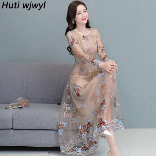2021 Spring Autumn Beach Long Sleeve Maxi Dress Vintage Plus Size Embroidered Elegant Dress Women Bodycon Party Runway Vestidos