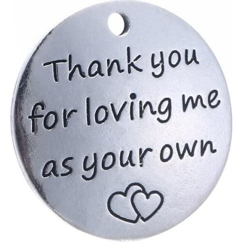 20 pcs/Lot 25mm Antique Silver colour letter printed Thank you for loving me as your own charm round disc message charms