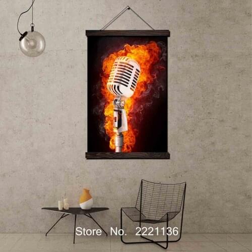 Abstract Fire Microphone Framed Scroll Painting HD Wall Art Hanging Canvas Painting HD Printed Pictures for Living Room Decor