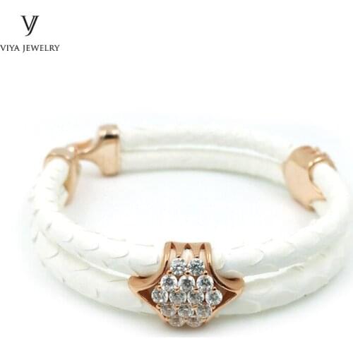 White Python Bracelets 925 Sterling Silver Jewelry Real Python Leather Rose Gold Color Bracelets For Trendy Stylish Men