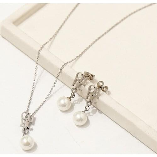 Brand Fashion Exquisite Rose Gold Letter Chhc Pearl High quality Steel And Titanium Earring Necklace For Women