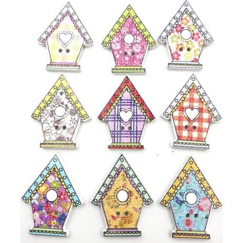 50/100pcs 25MM Mixed Wood House Wood Buttons 2Holes Sewing Crafts Accessories WB702