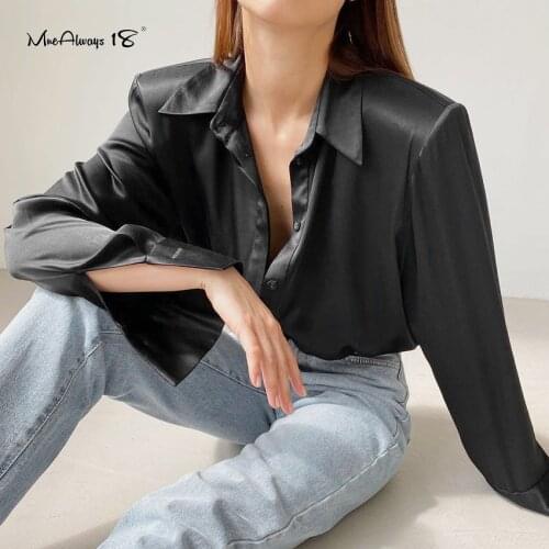 Mnealways18 Hot Pink Fashion Satin Womens Shirts Long Sleeve Elegant Blouse Ladies Turn Down Collar Black Tops High Street Fall