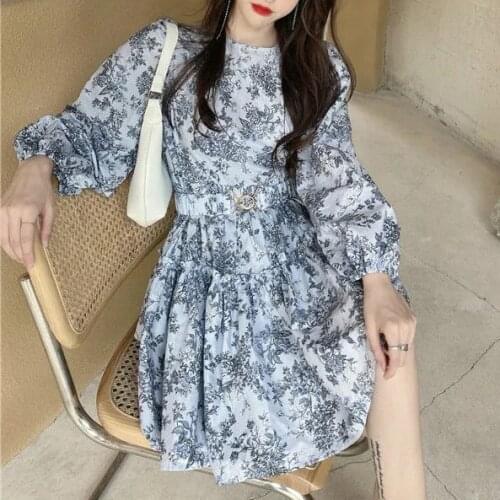 French round-necked long-sleeved waist-length flower dress women spring and autumn high-waisted thin a-word short dress