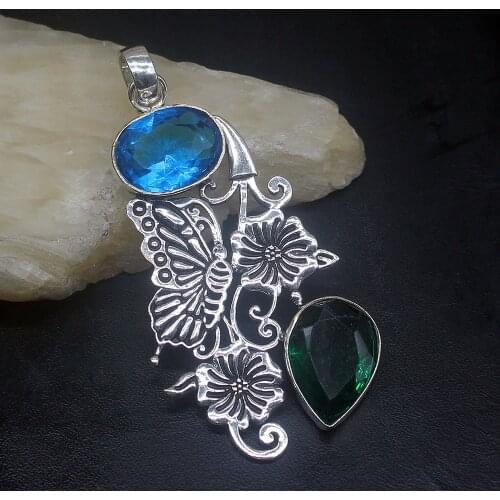 Gemstonefactory Jewelry Big Promotion 925 Silver Vintage Green Blue Topaz Shiny Women Ladies Gifts Necklace Pendant 1109