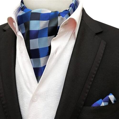 Classic Plaid Pattern Men Ascot Set Luxury Formal Scarf with Pocket Square for Man