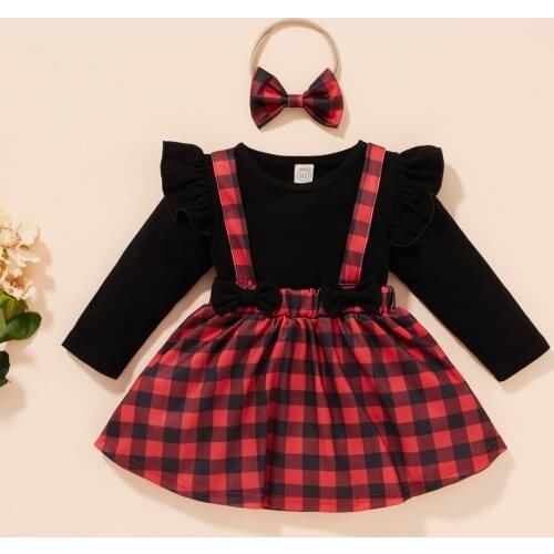 3Pcs Little Girls Outfit Suit Christmas Party Solid Color Fly Long Sleeve Tops+Plaid Suspender Skirt+Bow Headwear Infant Clothes