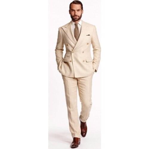 Linen Men Double Breasted Tuxedo Slim Fit Suit Champagne Business Suits Custom Made 2 Pieces High Quality Suits Jacket Pants