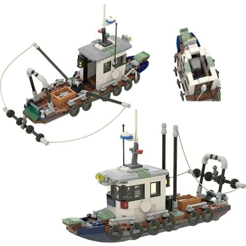 Moc Idea Fishing Boat Building Blocks Kit Fish Vessel Ship Bricks Set Vehicle Steamship Education Toys For Kids Christmas Gifts