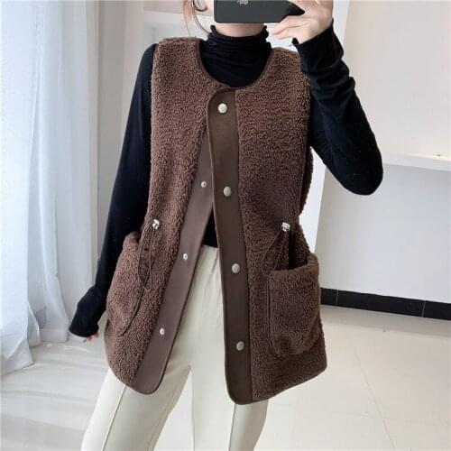 2021 New Autumn And Winter Vest Jacket Lambs Wool Padded Warm Vest Ladies Single-breasted Pocket Jacket Sleeveless Jacket Women