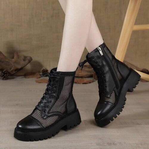 2021 Spring and Autumn New Handsome Retro Leather Side Zipper British Style Thick-soled Martin Boots Wedges Summer Net Boots