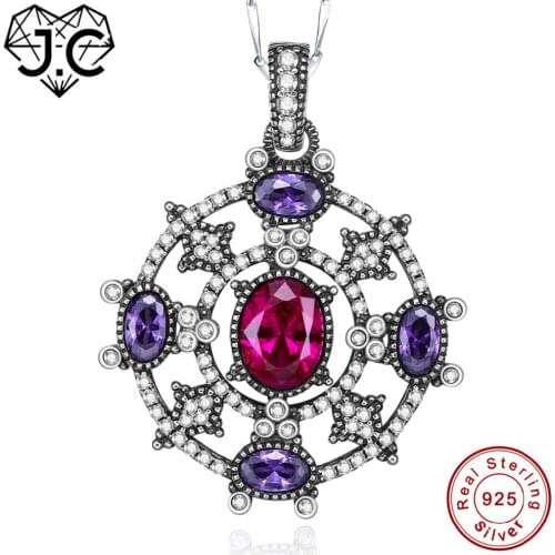 J.C Women Girl Round Design Excellent Dating Necklace Ruby & Amethyst Topaz Solid 925 Sterling Silver Pendant Fine Jewelry
