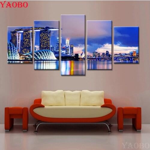 Full Square Round 5D Diy Diamond Embroidery 5 Panel City Building Landscape Diamond Painting cross stitch Rhinestone Decoration
