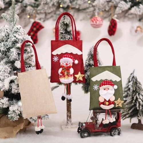 Portable Linen Handbags Snowman Deer Cartoon Design Bags Kids Gift Christmas Tree Candy Holder Festival Decoration