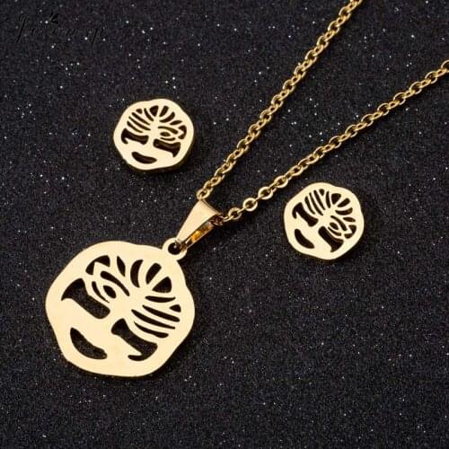 Jisensp Ancent Life Trees Stainless Steel Jewerly Sets Simple Unique Tree Charm Necklace Earrings Fashion Jewelry for Women