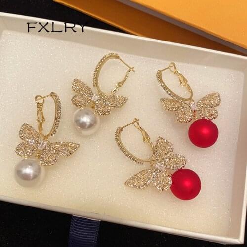 FXLRY Elegant Fashion AAA Cubic Zirconia Big Butterfly Red Pearl Pendant Earrings For Women Jewelry