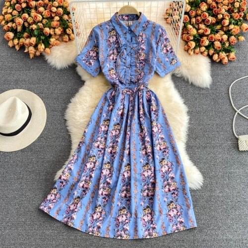 Elegant Ladies Retro Polo collar Lotus leaf Temperament Floral Print Long Dresses Women 2021 Summer New Slim A-line Shirt Dress