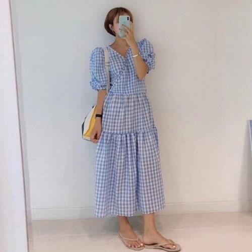 Sweet Fresh V Neck Puff Short Sleeve Green Plaid Dress Women Long Loose Doll Girls Vestido De Mujer Clothing FT753