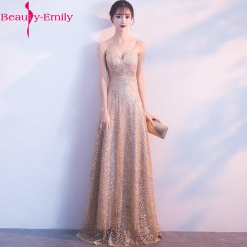 Beauty Emily V Neck Spaghetti Strap Evening Dress 2020 Heavy Sequined Sleeveless Zipper Back Gold Formal Party Dress