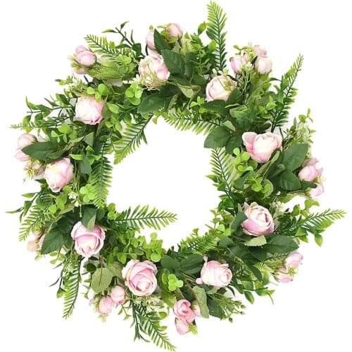 18 inch/45cm Rose Daisy Flower Wreath Handmade Pink Floral Artificial Spring Garland Wreath Home Decor, Shop Window Ornament