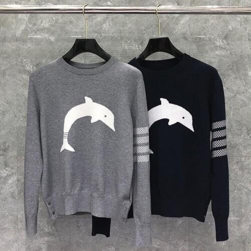 2021 Fashion Brand Sweaters Men Women Slim O-Neck Pullovers Clothing Striped Wool Dolphin Pattern Winter Casual Coat