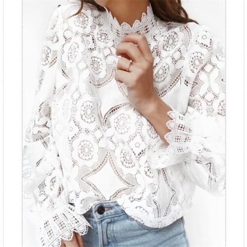 Womens Fashion Lace Blouses Hollow Out Lady Eleghant Slim Long Sleeve White Shirts Tops Stylish Turtleneck Flowers Blouses