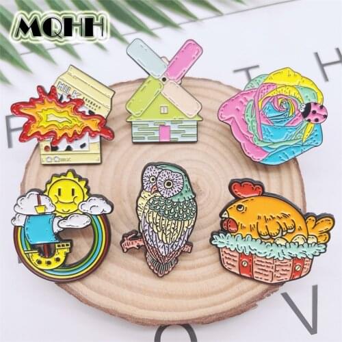 Cartoon Color Rainbow Sun Windmill Flowers Milk Enamel Pins Animal Chicken Bird Alloy Brooch Punk Badge Woman Jewelry Gift