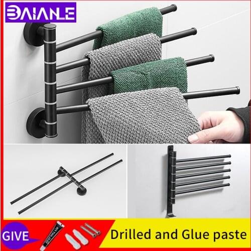 Rotating towel bar with hook black bathroom wall mounted double towel rack glue paste toilet stainless steel towel ring holder