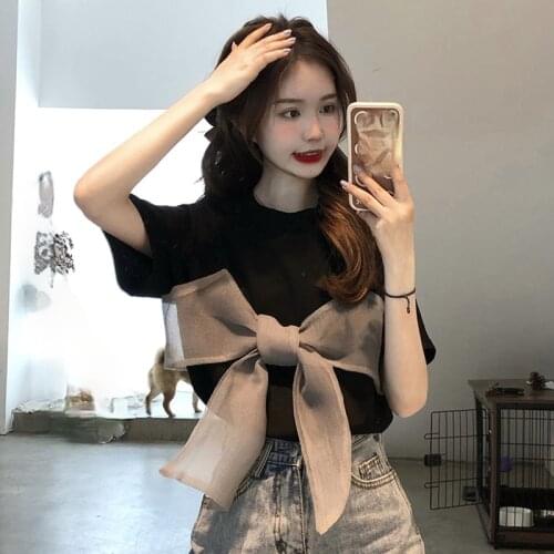 Woman Tshirts Summer New Bow Fashion Elegant Female Tees Office Lady Short Sleeve Sweet Solid O-Neck Loose Femme Tops S0230