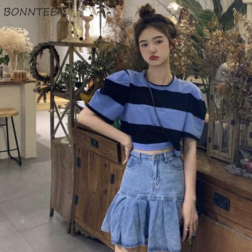 T-shirts Women Fashion Striped O-neck Puff Sleeve All-match Lovely Korean Style Loose Summer College Cozy Female Crop Tops New