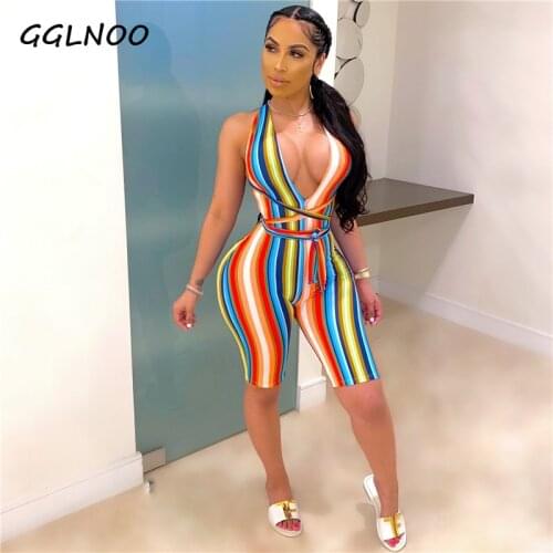 GGLNOO Casual Halter Neck Bandage One Pieces Rompers Women Print Striped Playsuit Skinny Bodycon Short Jumpsuit GG22832