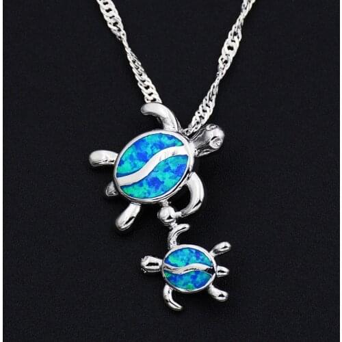 Blue Fire Opal Swimming Mom and Baby Turtle Pendant Necklace