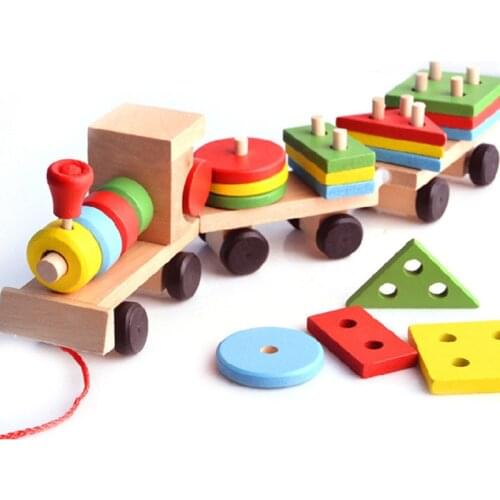 Children Early education toy wooden Three small trains Set Toy for Baby Shape Matching Intelligence Building Blocks Gift