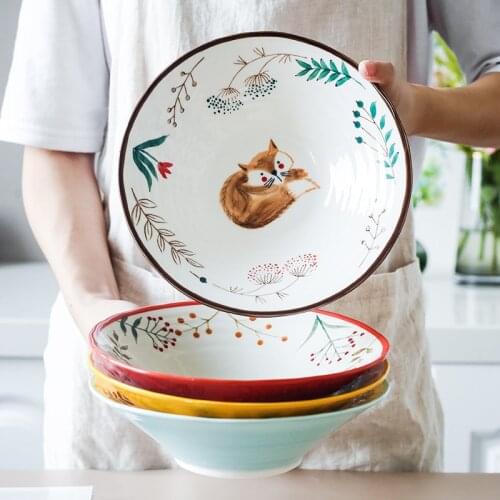8 Inch Ceramic Noodle Bowl Forest Animal Design Large Soup Bowl Creative Restaurant Household Flower Salad Bowl Dinnerware