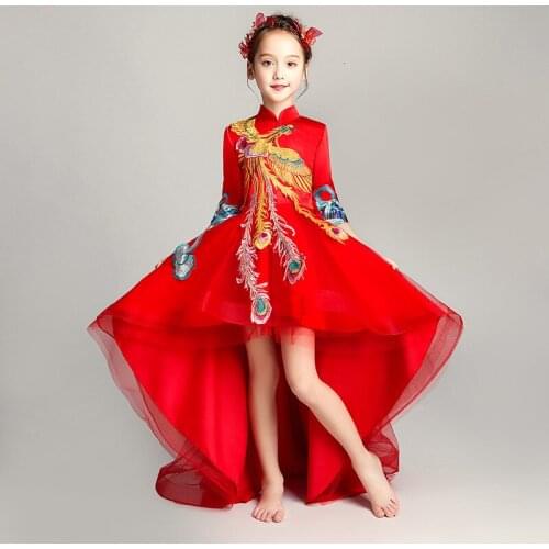 Girl Tailing Chinese Evening Dress Guzheng Red Embroidery Princess Cheongsam Kids Children New Year Oriental Wedding Gowns