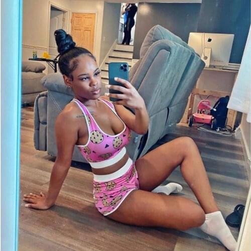 2pcs Pjs set Summer Sexy Women Stretch printed Sleevelss O neck Tank Crop Top High waist Elastic Shorts Pajama Sets