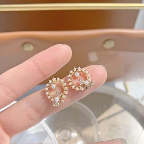 Korea Fashion Jewelry Bow Delicate Zircon Pearl Round Luxury Earrings for Woman Small Cute Daily Simple Earring