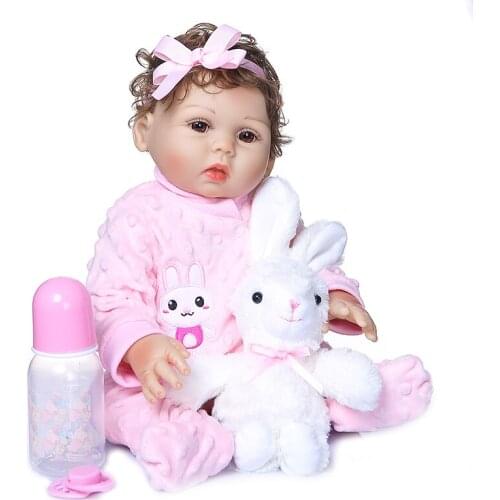 48CM bebe reborn toddler girl doll in pink rabbit dress full body silicone baby dolls gif hair rooted Anatomically Correct