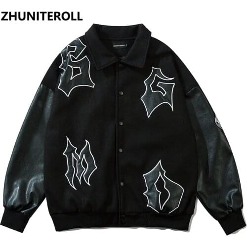 Harajuku Patchwork Jacket Men Letter Embroidery Bomber PU Leather Fashion Baseball Coats Streetwear High Street Tops Clothing