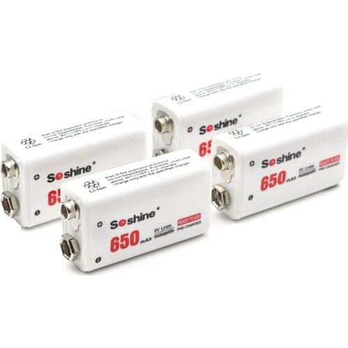Soshine 4pcs Power Battery 6F22 9V Li-ion Lithium 650mAh Chemistry Rechargeable Battery For Electronic Instruments