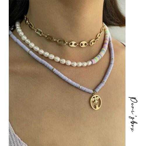 PerisBox Asymmetric Rainbow Soft Pottery Pearls Necklaces Minimalist Polymer Clay Bead Choker Women Summer Jewelry